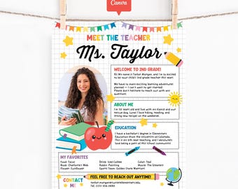 Meet the Teacher Flyer Template Printable, Editable Back to School Canva Design, Introduction Letter for Elementary Teacher Instant Download