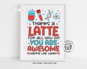 Thanks A Latte Lab Week Sign Printable, Medical Laboratory Professionals Week Coffee Theme Poster, Lab Tech Appreciation Decor