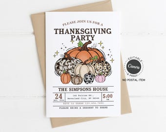 Thanksgiving Party Invitation Template: Printable Holiday Invite with Leopard Pumpkin