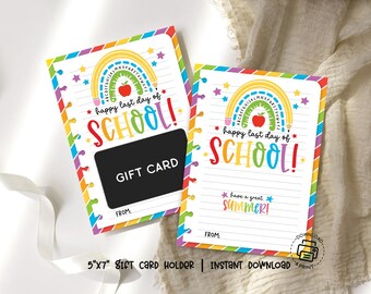 Happy Last Day of School Gift Card Holder, End of Year Teacher Gift, Rainbow Printable Gift Card, Thank You Card for Staff Instant Download