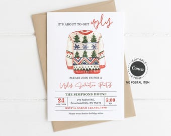 Ugly Sweater Party Invitation Template: Hand-Drawn Knit, 5x7, Editable Canva Printable