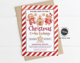 Christmas Cookie Exchange Invitation Template, Red Candy Cane Stripe, Gingerbread, Editable Canva, 5x7 Printable