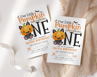 Editable Pumpkin First Birthday Invitation, Halloween 1st Birthday Party Invite, Cute Fall Baby Girl Birthday Template, Instant Download