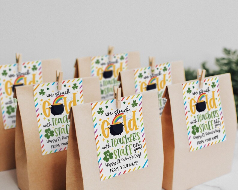 St Patricks Day We Struck Gold Teacher Staff Appreciation Tags, Happy St Patricks Teacher Appreciation Tag, School PTO PTA Treat Bag Tags