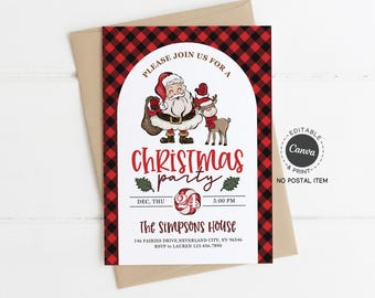Buffalo Plaid Christmas Party Invitation: Santa and Reindeer (Editable Canva, 5x7 Digital)