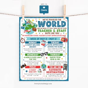 Puede incluir: Un cartel turquesa y blanco para la Semana de Apreciación a Maestros y Personal, del 8 al 12 de mayo. El cartel presenta gráficos temáticos de viajes, incluyendo un globo terráqueo, una maleta y un avión. Enumera eventos diarios.