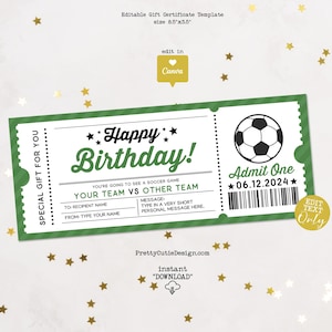 Fußballspiel-Geschenkgutschein bearbeitbare Vorlage, Geburtstagsüberraschungsticket, Fußballspiel-Geschenkgutschein druckbar, Geburtstagsgutscheinvorlage