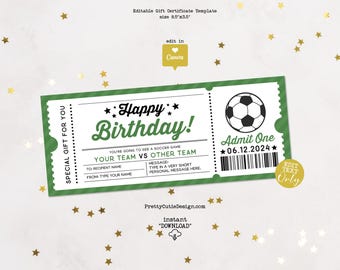 Soccer Game Gift Certificate Editable Template, Birthday Surprise Ticket, Soccer Game Gift Voucher Printable, Birthday Coupon Template