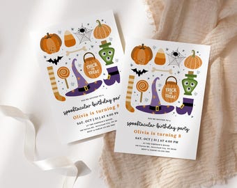 Editable Halloween Birthday Invitation for Girl, Spooktacular Party Digital Invite, Printable Trick or Treat Birthday Card Template Canva