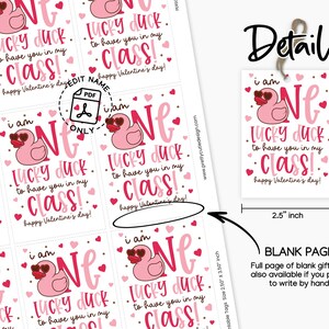 Classroom Valentine gift tag printable displayed on kraft lunch bags, reading “i am ONE LUCKY DUCK to have you in my CLASS!” in pink and red lettering with hearts, perfect for printing, cutting, and clipping to student goodie bags for school Valentine parties.