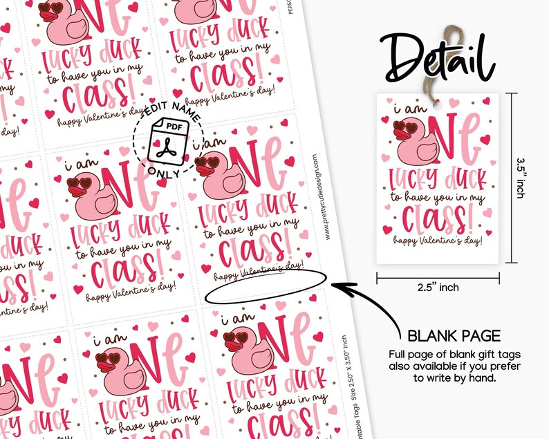 Classroom Valentine gift tag printable displayed on kraft lunch bags, reading “i am ONE LUCKY DUCK to have you in my CLASS!” in pink and red lettering with hearts, perfect for printing, cutting, and clipping to student goodie bags for school Valentine parties.