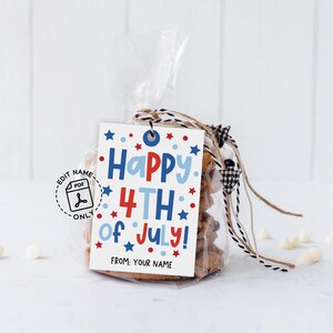DIY printable 4th of July gift tag with fun red, white and blue theme, includes editable PDF template for adding name personalization