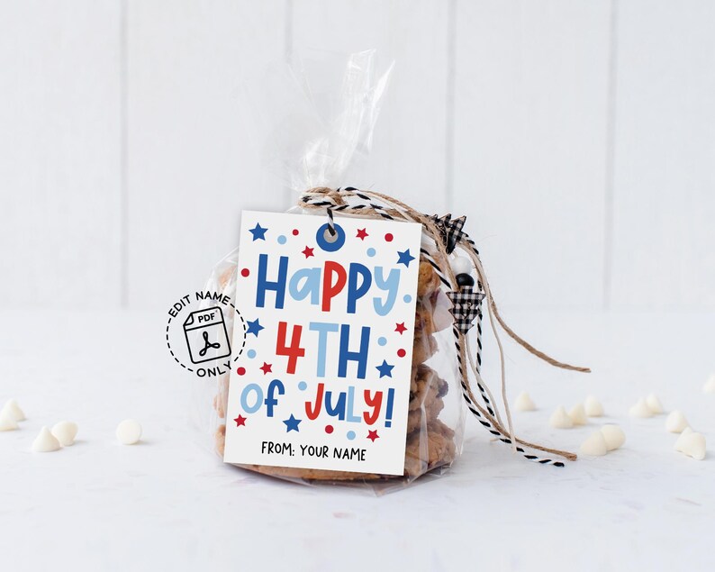 DIY printable 4th of July gift tag with fun red, white and blue theme, includes editable PDF template for adding name personalization