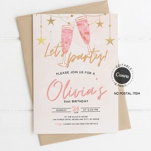 Faire-part d'anniversaire rose et or pour femme, 31e anniversaire de fête, thème toast au champagne, carte de fête d'anniversaire adulte imprimable