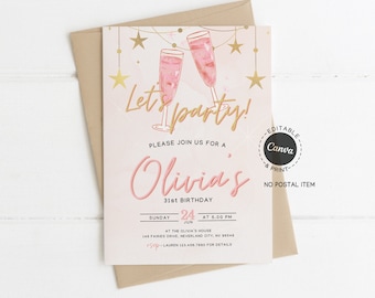 Pink and Gold Birthday Invitation for Women, 31st Birthday Party Invite, Champagne Toast Theme, Printable Adult Birthday Celebration Card