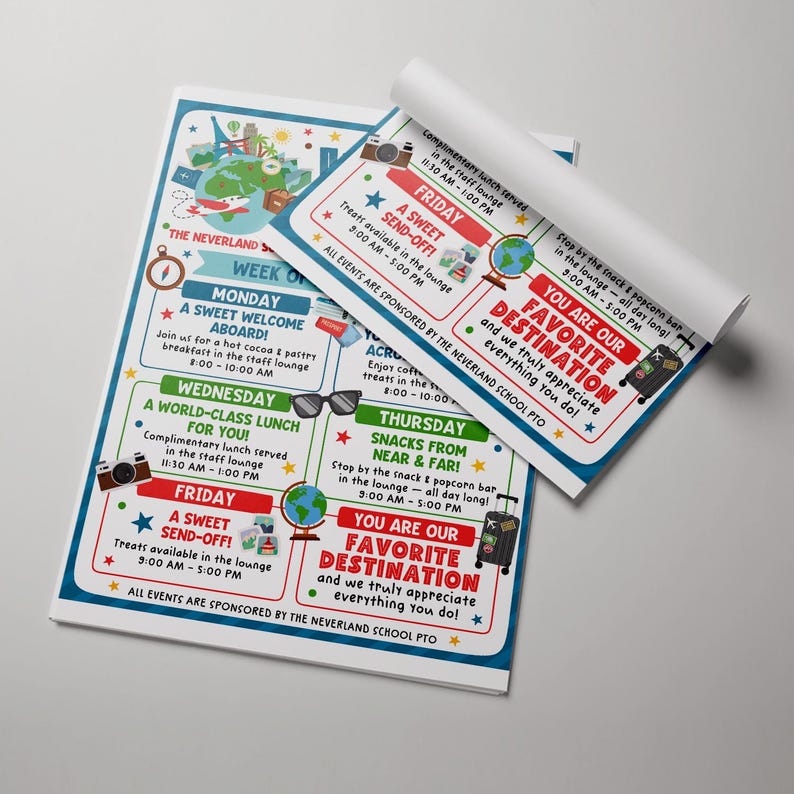 Teacher appreciation poster with globe and vacation themed artwork, made for school teams to personalize in Canva, print, and hang in faculty spaces or entryways, featuring airplanes, stars, sunglasses, postcards, suitcase icons, and bright friendly typography in a playful style.