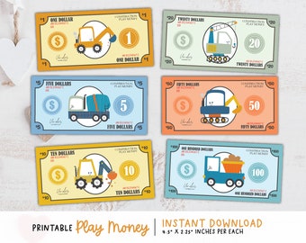 Construction Truck Play Money Printable, Construction Bucks, Fake Money, Learning Money For Kids - INSTANT DOWNLOAD