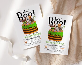 Halloween Birthday Invitation Printable, Editable Hey Boo Candy Cake Party Invite, Spooky Kids Birthday Invite Canva Template