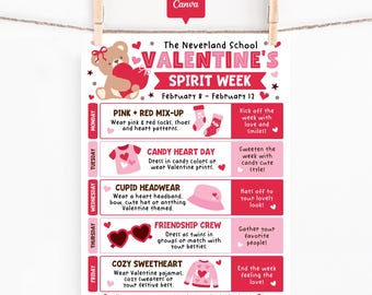 Valentine Spirit Week Flyer Template, School Dress Up Days Schedule, Editable Canva Poster