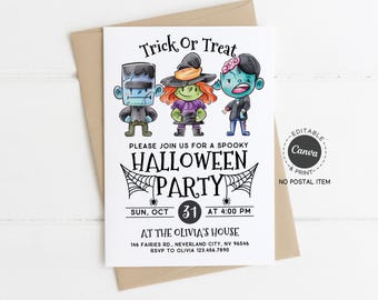 Halloween Party Invitation Printable, Cute Monster Halloween Invite Template, Editable Trick Or Treat Party Card, Spooky October Celebration