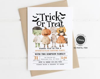 Halloween Costume Party Invitation: Trick or Treat, Editable Template (5x7 inches, Digital Download)
