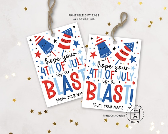 4th of July Gift Tag Printable, Hope Your 4th Of July Is a Blast Tag, Patriotic Fireworks Design, Red White Blue Stars, Party Favor Tag