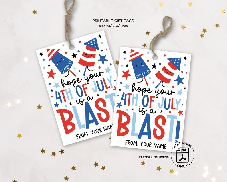 Printable 4th of July gift tag with playful “Hope Your 4th Of July Is A Blast!” message and red, white and blue fireworks illustrations