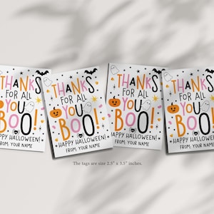White rectangular Halloween thank you tag with tall pink and orange letters, bold black type, friendly ghost illustrations, and orange candy corn details.