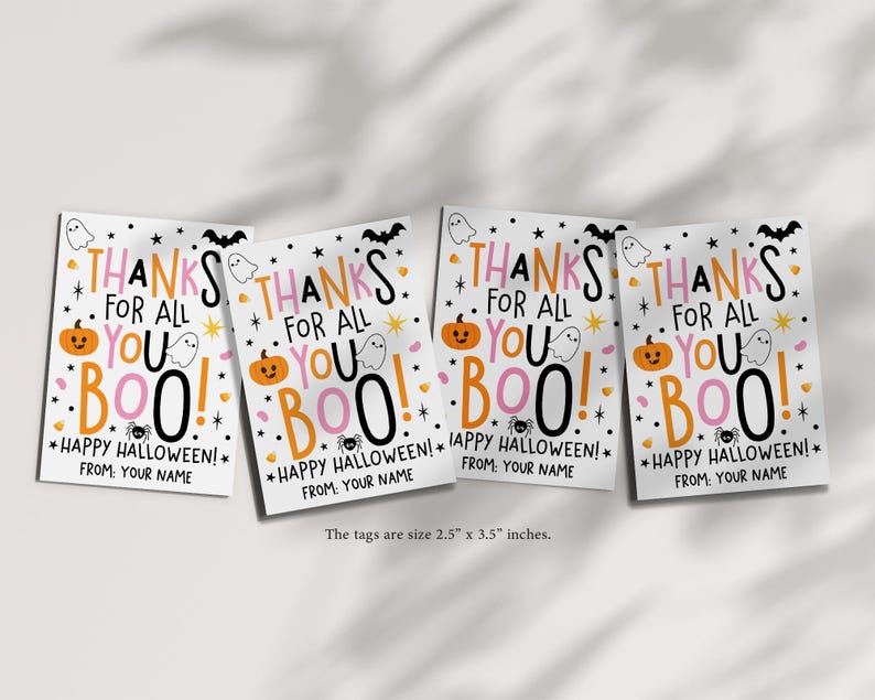White rectangular Halloween thank you tag with tall pink and orange letters, bold black type, friendly ghost illustrations, and orange candy corn details.