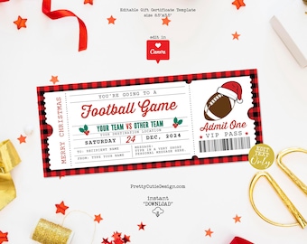Editable Football Game Gift Voucher, Christmas Sports Ticket Coupon, Surprise Football Certificate Template