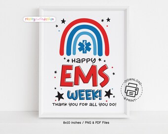 Happy EMS Week Printable Sign Red Blue Rainbow EMS Appreciation Decor for Emergency Medical Services Breakroom Station or Office Display