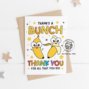 Merci une carte de remerciements pour enseignant, imprimable, thème banane, carte de remerciement pour le personnel enseignant, cadeau pour les employés de l'école, téléchargement immédiat