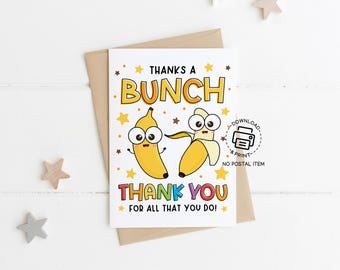 Thanks a Bunch Teacher Appreciation Card Printable, Banana Theme Thank You Card for Teacher Staff School Employee Gift, Instant Download