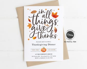 Thanksgiving Dinner Invitation Template: Editable Canva Invite with Fall Leaves