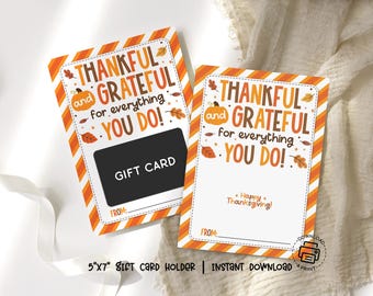 Thanksgiving Gift Card Holder Printable: Thankful Grateful Card for Teachers and Coworkers