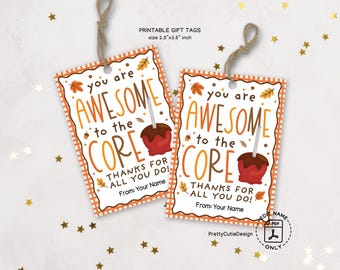 Thanksgiving Apple Caramel Gift Tags Printable: Thank You Staff, Teacher Appreciation Party Favor Labels