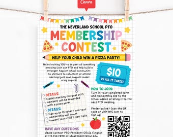 School PTO PTA Membership Contest Flyer, Editable Pizza Party Poster, School Incentive Canva Template for Parent Teacher Group Recruitment