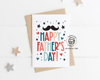 Father's Day Card Printable, Funny Father's Day Greeting Card Instant Download, Mustache Dad Card, Cute Father's Day Gift