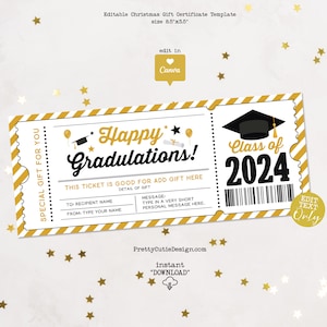 Billet surprise pour l'obtention du diplôme, billet de voyage surprise pour les vacances, modèle de certificat-cadeau de remise des diplômes, cadeau billet de concert surprise félicitations pour les diplômés