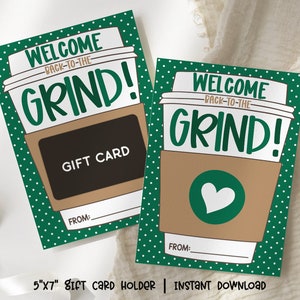 Puede incluir: Dos soportes para tarjetas de regalo imprimibles de 12,7 x 17,8 cm con un diseño de taza de café. El texto de la tarjeta dice "¡Bienvenido de vuelta al trabajo!" con espacio para una tarjeta de regalo y una línea para "De:".