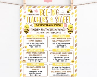 Teacher Appreciation Week Itinerary Flyer Template, Bumble Bee Theme Teacher and Staff Appreciation Flyer Editable Itinerary Schedule
