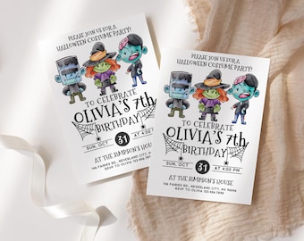Halloween Costume Party Invitation Printable, Editable Kids Birthday Invite with Cute Monster Characters, Instant Download Canva Template