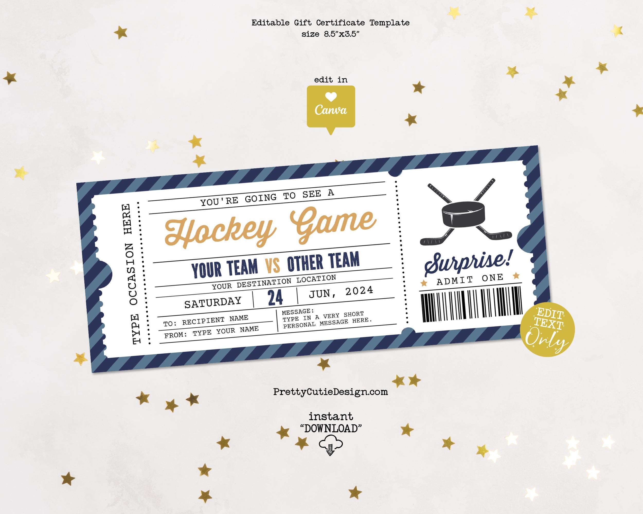 Printable Hockey Ticket Gift Certificate Template, Hockey Birthday Gift