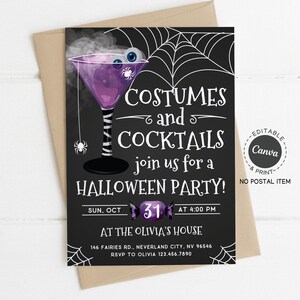 Modèle d&#39;Invitation fête d&#39;Halloween, costumes et cocktails, invitation d&#39;Halloween sur toile modifiable, téléchargement imprimable de soirée cocktail fantasmagorique
