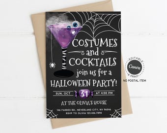 Halloween Party Invitation Template: Costumes & Cocktails, Editable Canva Design (Printable Download)