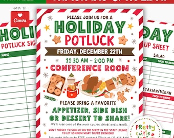 Holiday Potluck Flyer and Sign Up Sheet, Canva Template Bundle, Christmas Party Printables