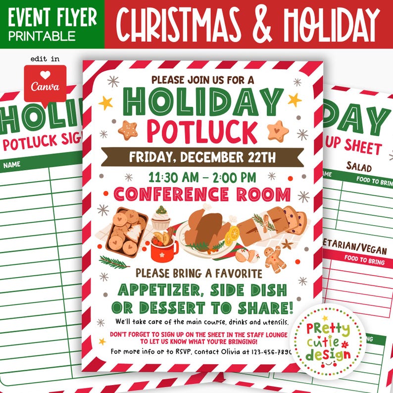 Holiday Potluck Flyer and Sign up Sheet, Canva Template Bundle ...