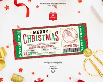 Christmas Tennis Surprise Ticket Gift Voucher, Printable Tennis Match Ticket Coupon, Editable Christmas Sports Gift Certificate Template