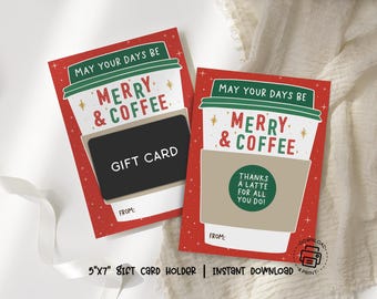 Coffee Gift Card Holder Printable: Merry & Coffee Holiday Cup, Red Starry Background (PDF)