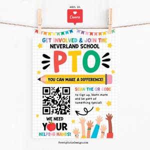 School PTO PTA Flyer Template, Editable Canva School Poster Printable, Parent Teacher Organization Recruitment Sign, Volunteer Sign Up Form